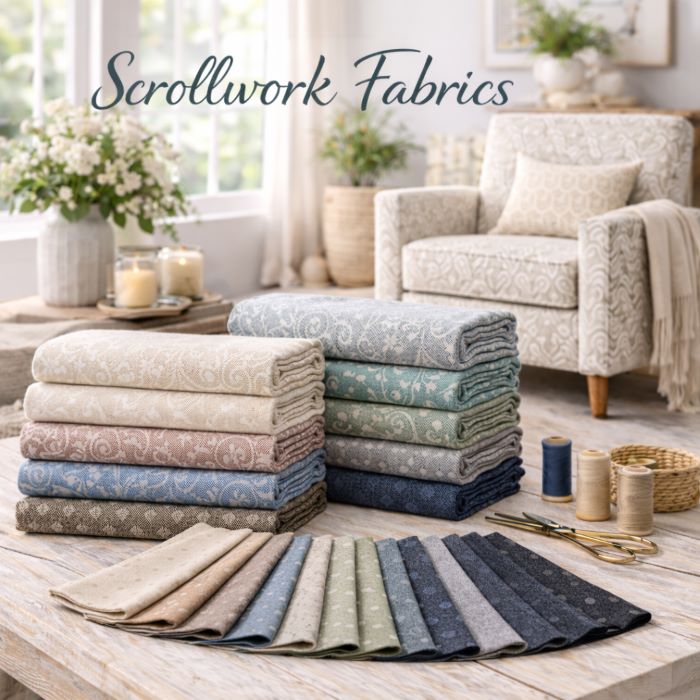 scrollwork patterned upholstery fabrrc by the yard