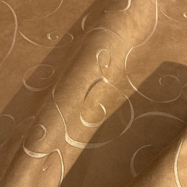 Brown Embroidered Scrollwork Faux Suede Upholstery Fabric