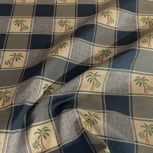 Miami Blue Palm Tree Plaid Upholstery Fabric