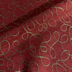 Ribbons Flame Red Scrollwork Chenille Upholstery Fabric